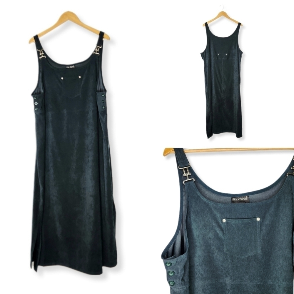 Vintage 90s Velvet Teal Dark Blue Green Pocket Overall Bib Maxi Dress 1X